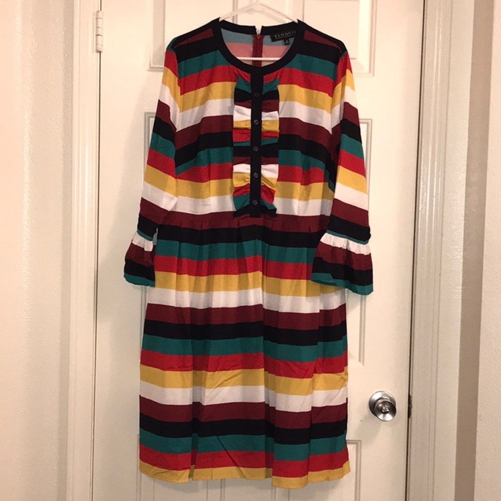 Eloquii Striped Ruffle Yoke Fit and Flare Dress